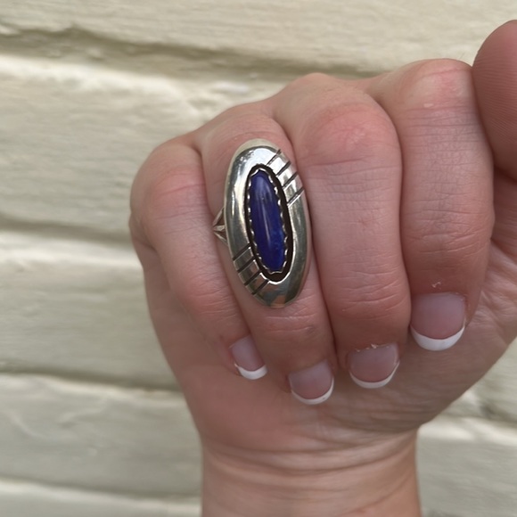 Vintage Sterling Silver Lapis Oval Ring by Navajo Artist PP - Picture 4 of 16